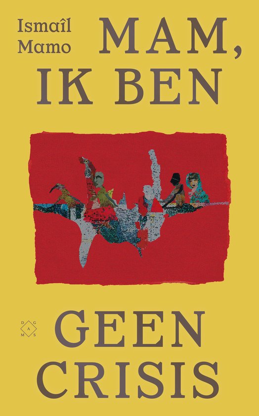 Boekcover 'Mam, ik ben geen crisis' met een rode afbeelding van figuren op een boomtak.