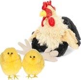 Pluche kip knuffel - 23 cm - multi kleuren - met 2x gele kuikens van 9 cm - kippen familie - Pasen decoratie/versiering