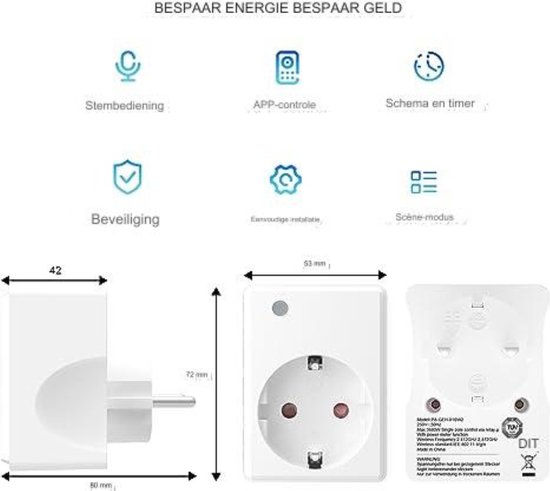 ANTELA Smart Plug 16A 3680W – Met Energiemeter – Compatibel Met Alexa & Google Home – 2.4GHz Wifi – 4 Stuks – Geen Bridge Nodig