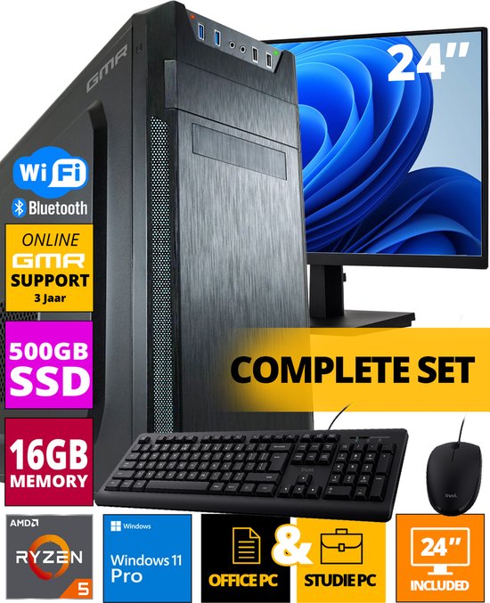 AMD Compleet PC SET | Ryzen 5 | 16 GB RAM | 500 GB SSD | Windows 11 Pro ...