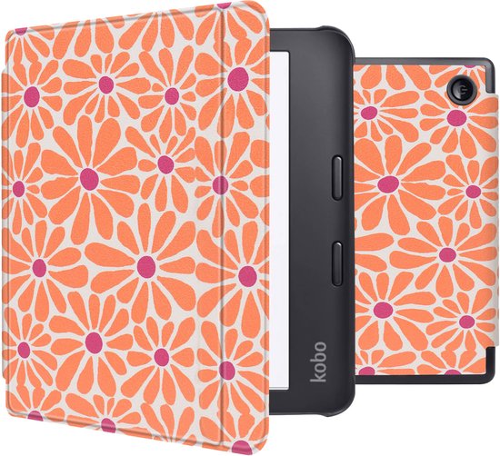 iMoshion Ereader Cover / Hoesje Geschikt voor Kobo Libra 2 / Tolino Vision 6 - iMoshion Design Slim Hard Case Sleepcover Bookcase met stand - Orange Flowers Connect