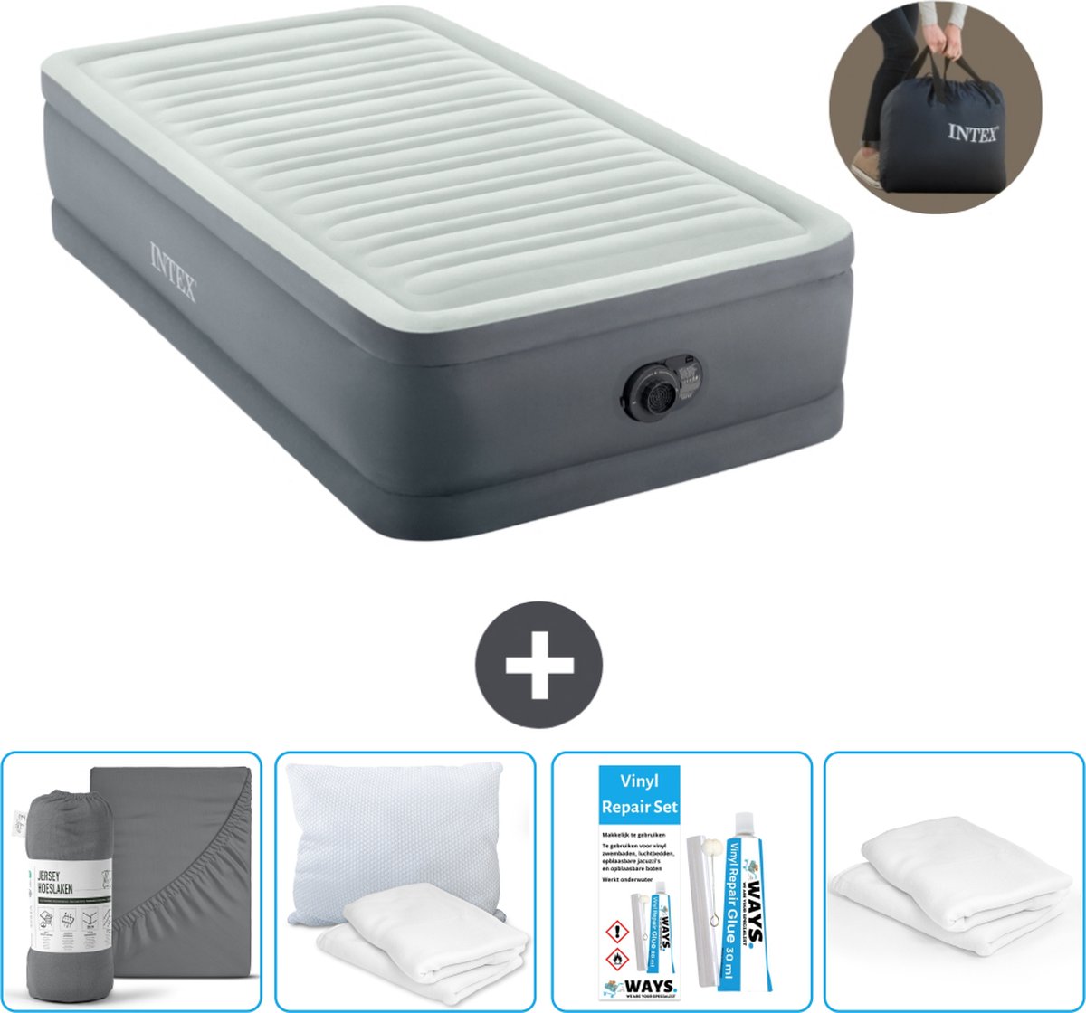 Intex Luchtbed - 1-Persoons - 99 x 191 x 46 cm - Grijs - Inclusief pomp - Hoeslaken - Kussen - Reparatieset en Kussenbeschermer