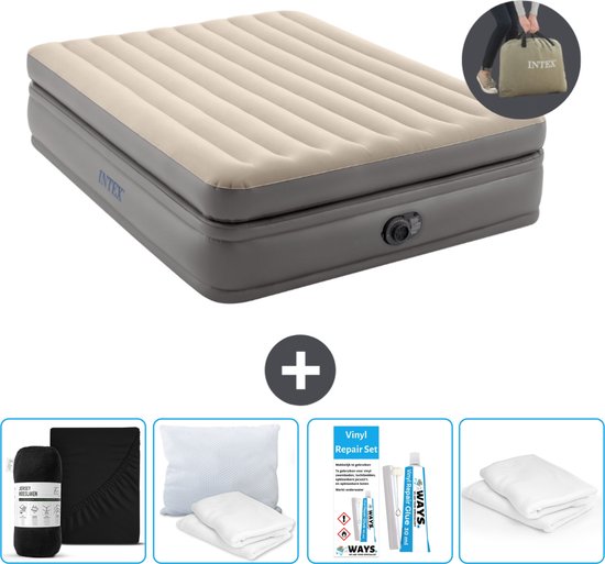 Intex Luchtbed - 2-Persoons - 152 x 203 x 51 cm - Grijs - Inclusief pomp - Hoeslaken - Kussen - Reparatieset en Kussenbeschermer