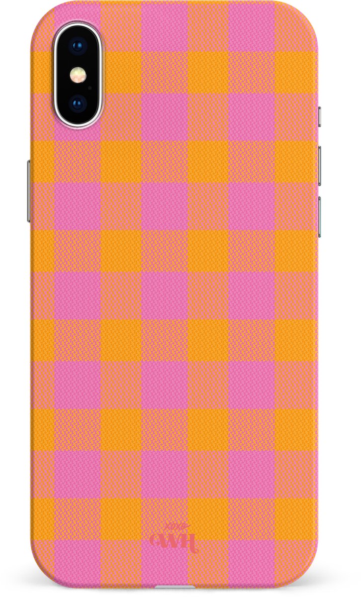 xoxo Wildhearts Brunch o'clock hoesje Single Layer - Hoesje met ruiten geschikt voor iPhone X / Xs hoesje - Dames hoesje geschikt voor iPhone Xs - Kleurrijk hoesje geschikt voor iPhone Xs / X hoesje shockproof case - Geruit hoesje - oranje / paars