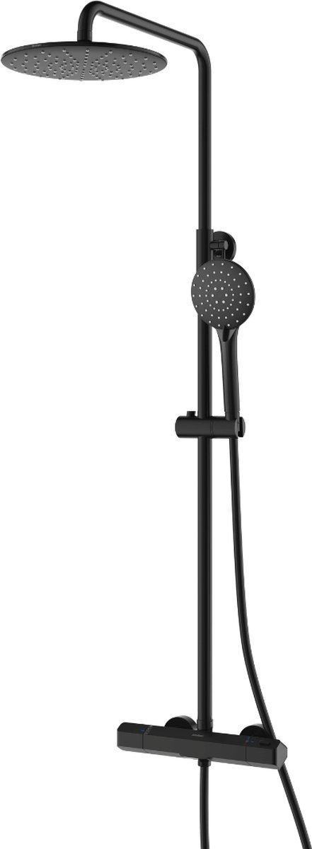 EcoRain© 30% Waterbesparende Regendouche Doucheset Glenn 23 CM met Thermostaatkraan - Handdouche 12 CM - Hoge Druk - Universeel - Anti-Kalk Douchekop - 5 jaar garantie - Zwart