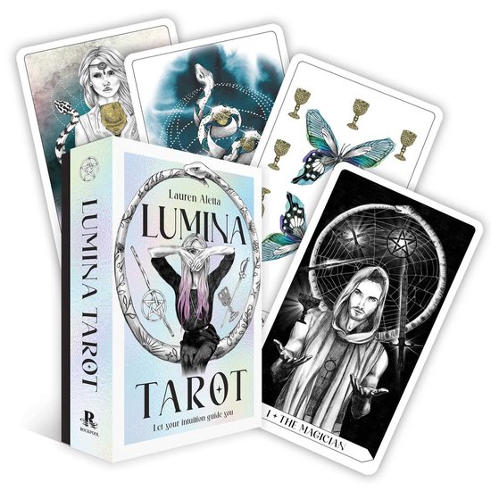 Lumina Tarot deck met kaarten van een slang, een vlinder en de Magiër. De doos toont "Lumina Tarot" door Lauren Aletta.