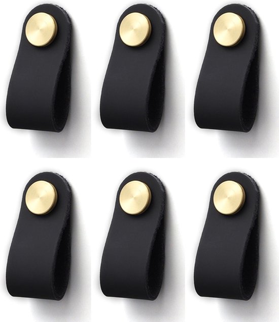Leer Handgreep zwart Goud - Leren Kastknop zwart - 6 stuks - Leren Kastknoppen kast - Meubelgrepen - Keukengreep zwart - Kastgrepen - Handgrepen keukenkastjes - Meubelknop - Handgrepen voor deurtjes - Deurknop - ladegreep - incl schroeven