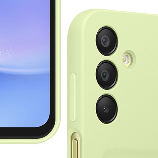 Detail van een lichtgroene Samsung hoes met de drie camera's van de telefoon.