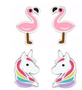 La Rosa Princesa Zilveren Set Flamingo Eenhoorn oorknoppen - Meisjes Oorbellen