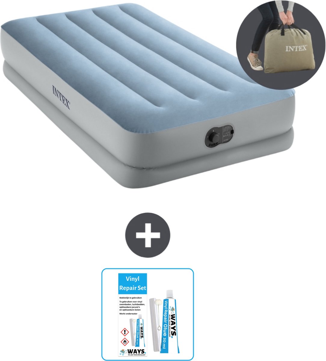 Intex Luchtbed - 1-Persoons - 99 x 191 x 36 cm - Blauw/Grijs - Inclusief pomp - Reparatieset