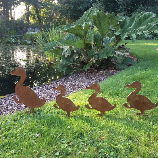 Garden Industrial - Famille Canard acier corten - Décoration de jardin - 60cm de large - 22cm de haut
