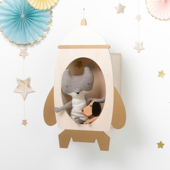 UP!Warsaw | Wandkast Rockin' Rocket wit-goud hout - Kinderkamer - Babykamer - Raket - Opberger - Wanddecoratie - Hout - Blikvanger - Jongen - Meisje - Kraamcadeau