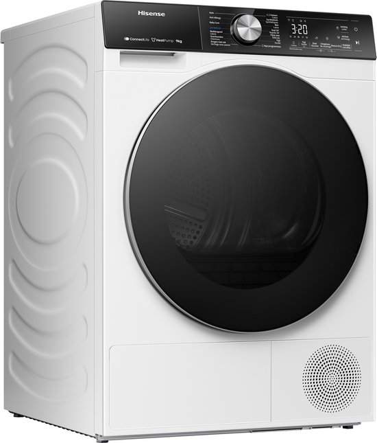 Witte Hisense wasdroger met gesloten zwarte deur en digitaal display, schuin van voren.