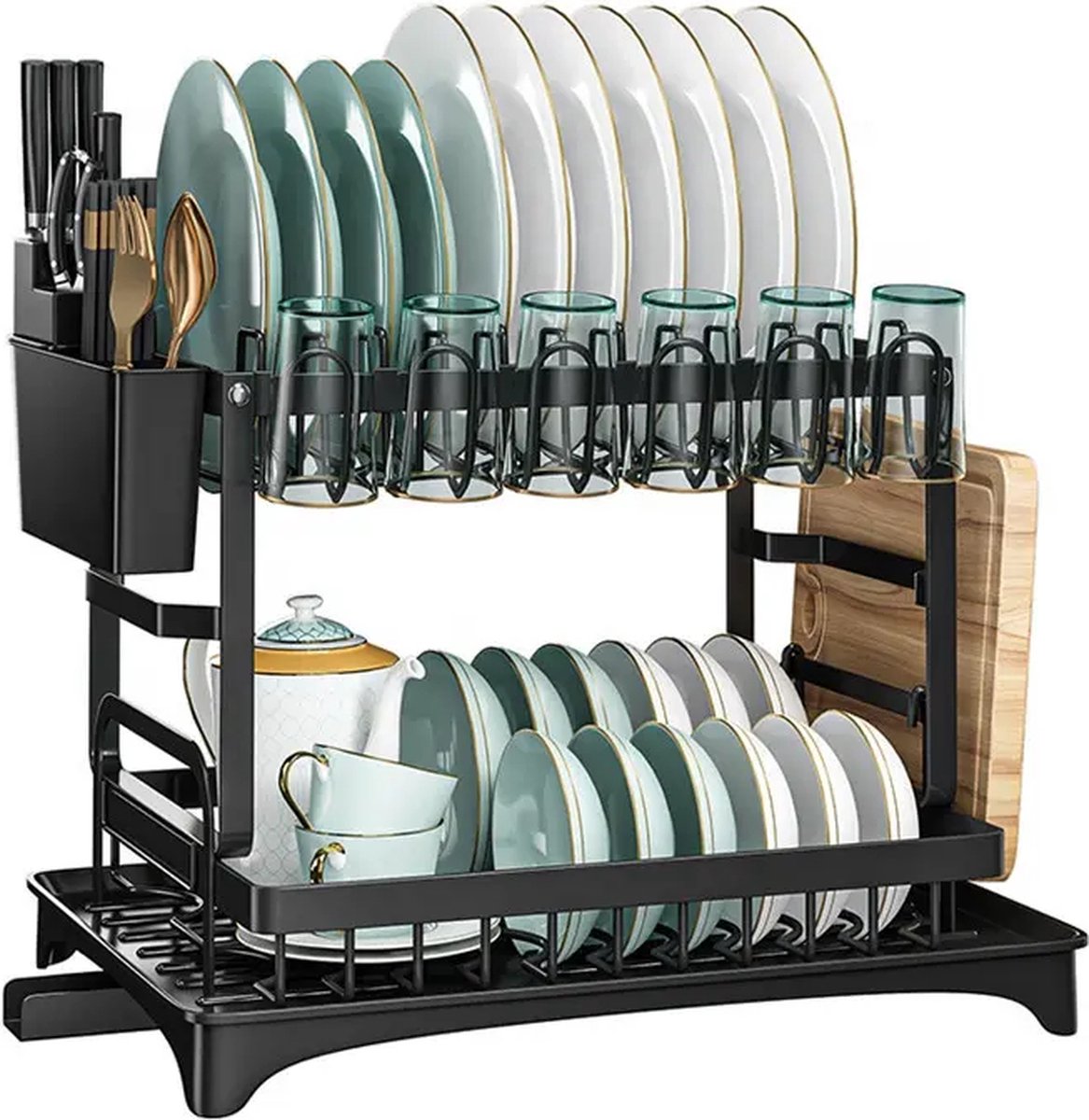 Goedkoopste FEDEC Afdruiprek met lekbak - Afdruiprek 2 laags - Bestekbak - Metaal - Zwart