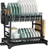 FEDEC Égouttoir à vaisselle avec égouttoir - Égouttoir 2 étages - Bestekbak - Métal - Zwart