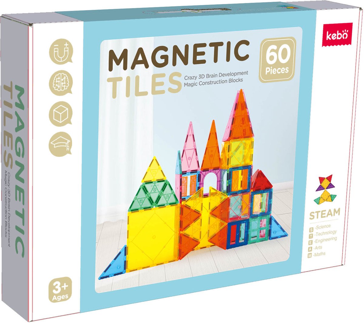 Kebo magnetisch speelgoed magnetic tiles magnetische tegels magnetische bouwstenen constructie speelgoed montessori speelgoed 60pcs KBM-60a