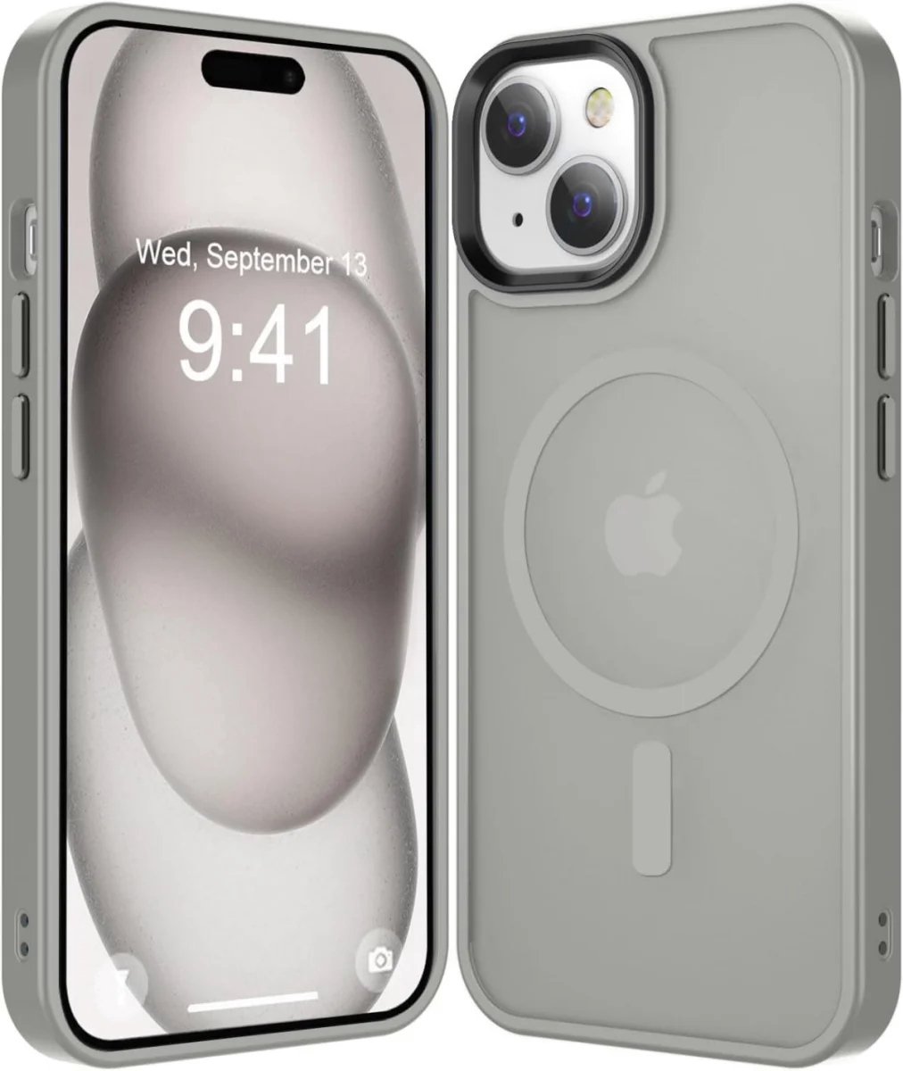 Hoesje Geschikt voor Apple iPhone 15 Plus - Compatibel met MagSafe - Matte Beschermhoes - Back Cover met Magneet - Geschikt voor Draadloos Opladen met Magnetische Ring - Grijs