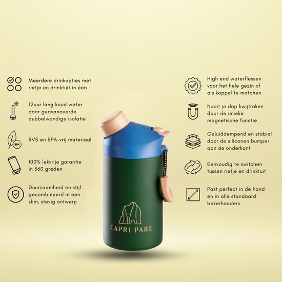 CAPRI PARE Waterfles - 350ml - RVS - Kinderfles - Groen/Blauw - Dubbelwandig - Lekvrij - Met magnetische dop - Waterfles met drinktuit + rietje – BPA-vrij – Waterfles voor kinderen - Insulated - Drinkflessen - Waterflessen - Geïsoleerd