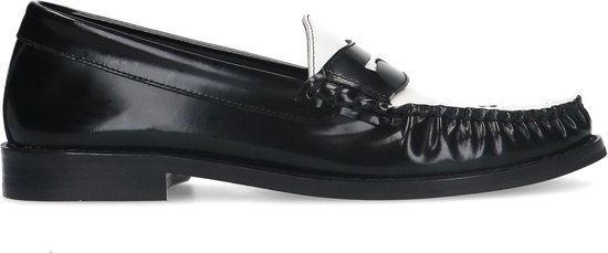 Manfield - Dames - Zwarte leren loafers met wit detail - Maat 37