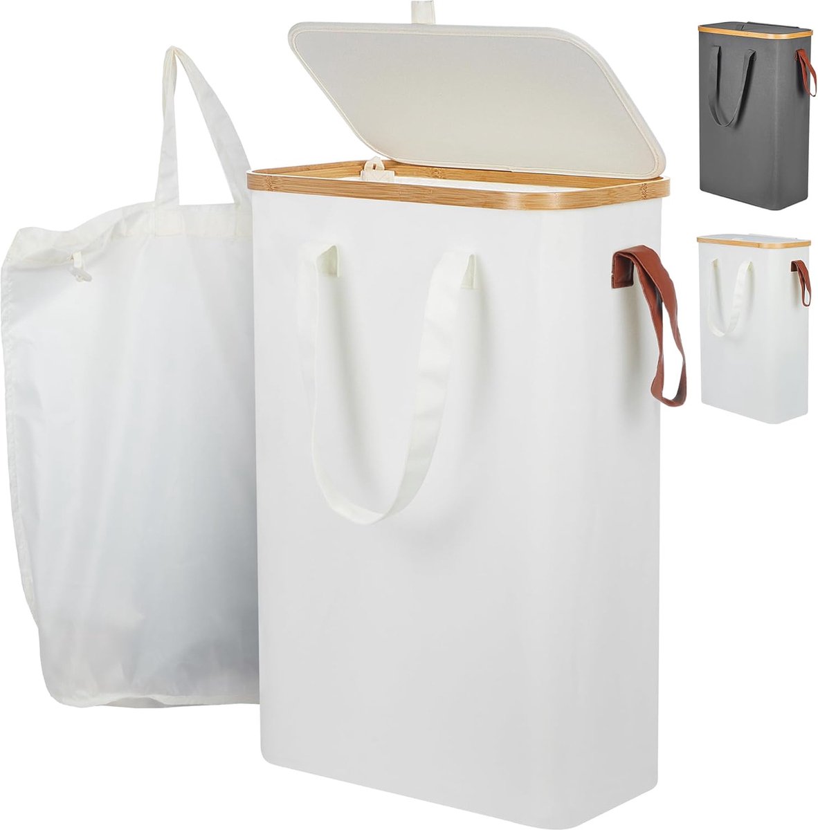 Goedkoopste Smalle wasmand met deksel en waszak - 52 liter - Opvouwbaar - Bamboe - Waterdichte stof Wasmand 2.0