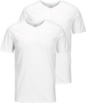 Twee witte V-hals T-shirts met korte mouwen, staand.