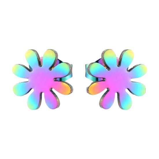 Aramat Jewels - Regenboog Serie - Oorknopjes - Staal - Bloem - 8mm - Kleurrijke Bloem Oorbellen - Modieuze Accessoire - Unisex Oorbellen - Cadeau tip - Feestdagen
