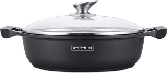 Royalty Line® BR28ML Braadpan Inductie - Stoofpot - Ø 28 cm / 4 Liter - Hapjespan Voor Alle Warmtebronnen - Met Glazen Deksel - Zwart