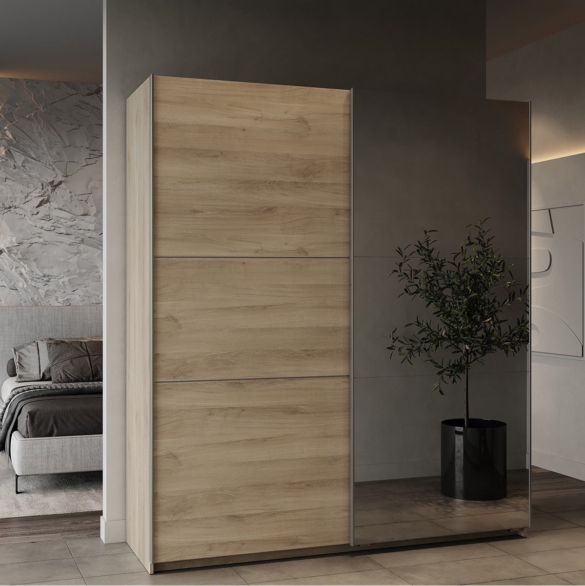 Garderobekast Spectre 178cm Met Schuifdeuren En Spiegel - Eikdecor