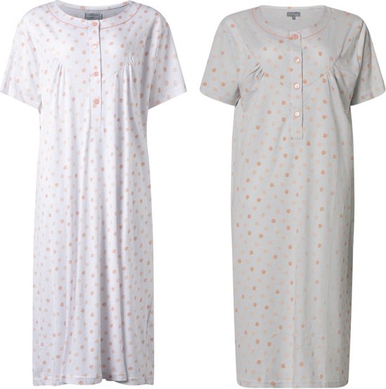 2 Dames nachthemden korte mouw van cocodream 614626 in wit en grijs maat L