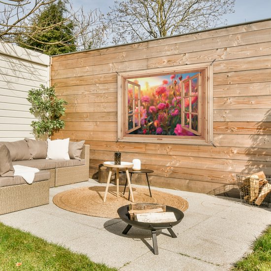 Tuinposter doorkijk bloemen - Lichtbruin raam - Tuindecoratie roze rozen - 120x80 cm - Poster voor in de tuin - Buiten decoratie - Schutting tuinschilderij - Tuindoek muurdecoratie - Wanddecoratie balkondoek