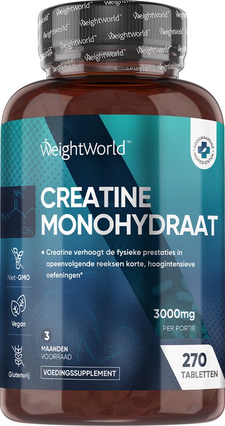 WeightWorld Creatine Monohydraat - 3000 mg - 270 vegan creatine monohydrate tabletten voor 3 maanden