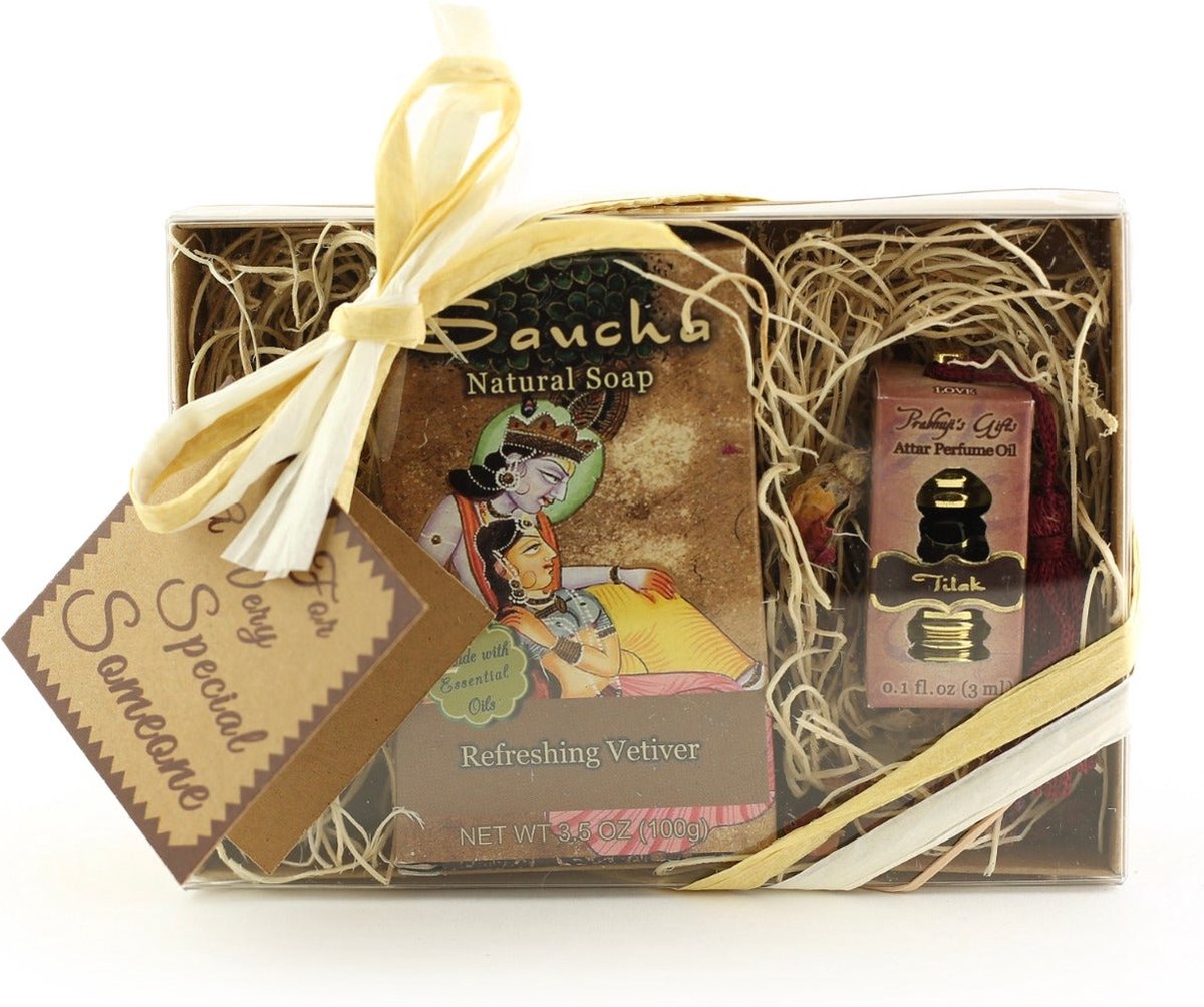 Goedkoopste Cadeauset met Sauchazeep en attarolie Tilak (Liefde), 'For a very special someone', Prabhuji's Gifts, vegan