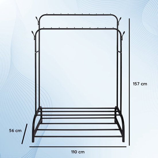Zwart dubbel kledingrek van metaal met afmetingen van 157 cm hoog, 110 cm breed en 56 cm diep.
