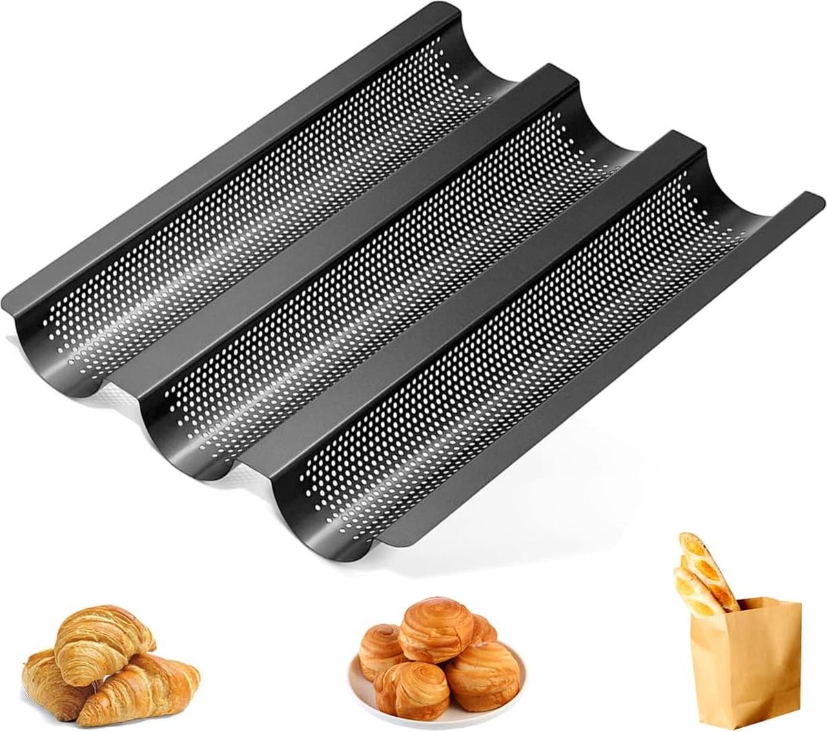 Baguette Baguettevorm, baguetteplaat voor 3 baguettes met anti-aanbaklaag voor familie, restaurant, bakkerij 38 x 24,5 x 2,4 cm, zwart