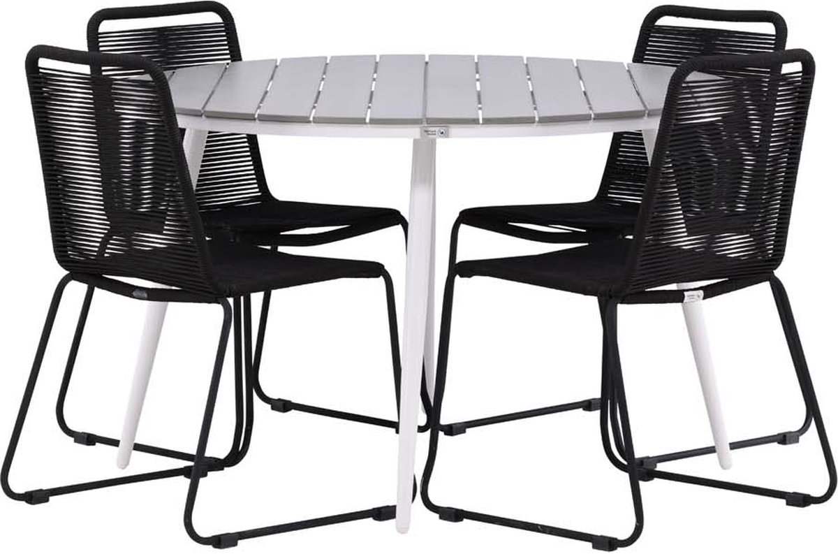 Break tuinmeubelset tafel Ø120cm grijs, 4 stoelen Lindos zwart.