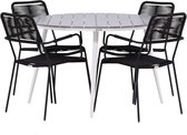 Break tuinmeubelset tafel Ø120cm grijs, 4 stoelen Lindos zwart.