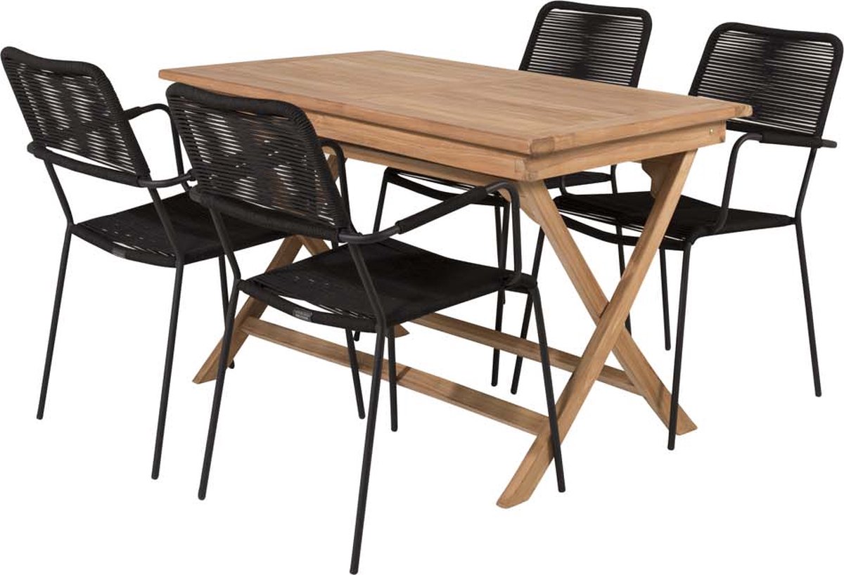 Kenya tuinmeubelset tafel 70x120cm naturel, 4 stoelen Lindos zwart.