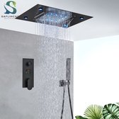 Brondeals® - waterval douche - gemonteerd in plafond - thermostatische douche - digitale temperatuur weergave - zwart - matzwart - luxe uitstraling - verlichting - regendouche