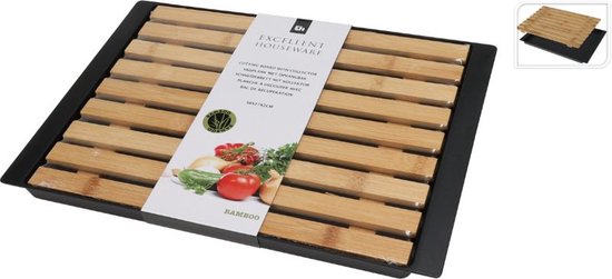 Snijplank van bamboe met een zwarte opvangbak. Bamboe met houtnerf.
