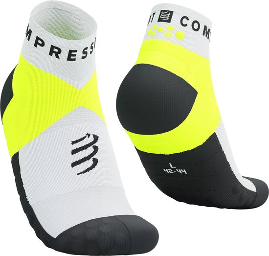 Compressport | Ultra Trail Low Socks | Unisex Trailsokken | White/Black/Safety Yellow | 45-48 -