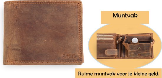 Bruine leren portemonnee met muntvak. Ruim muntvak voor je kleine geld.