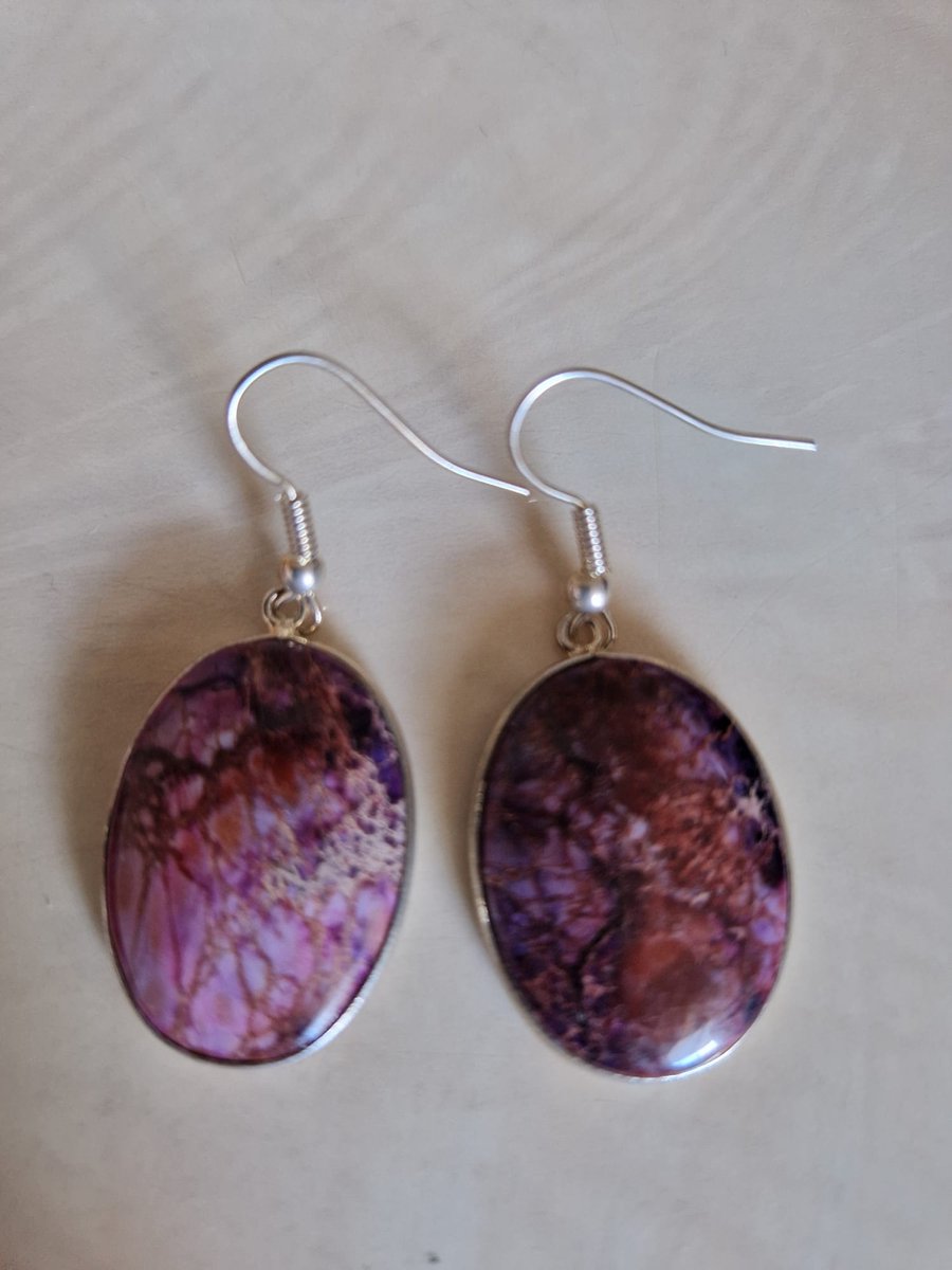 Gemstones-silver natuurstenen oorhangers Jaspis aubergine ovaal oorbellen 2,5 cm lang 925-sterling zilver haken, 8 g