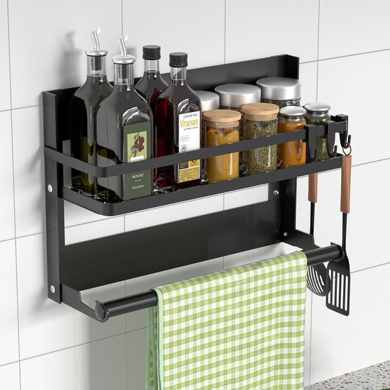 Kruidenrek Aan De Muur Met Papierhouder – Keukenorganizer Zonder Boren, Incl. 4 Haken, Ruimtebesparend