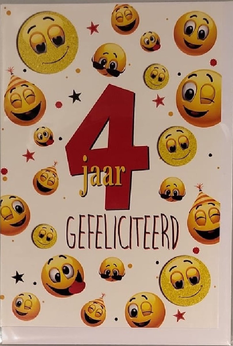Van harte gefeliciteerd! Je bent 4 jaar geworden! Een vrolijke en kleurrijke kaart met blije smileys. Erg leuk om deze kaart zo te geven of om bij een cadeau te voegen. Een dubbele wenskaart inclusief envelop en in folie verpakt.