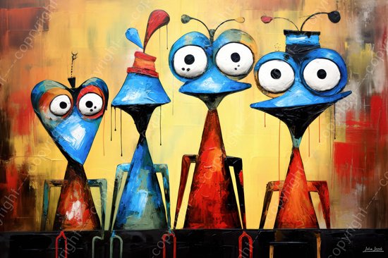 JJ-Art (Canvas) 90x60 | Grappige kikkers op een rij, humor, gek, abstract, kunst | dier, bolle ogen, kikker, mens, blauw, geel, rood, grijs, modern | Foto-Schilderij canvas print (wanddecoratie)
