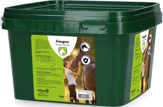 Groene emmer met deksel, met 'Fenugrec Résistance Naturelle' en een meisje met een paard. 1 kg.
