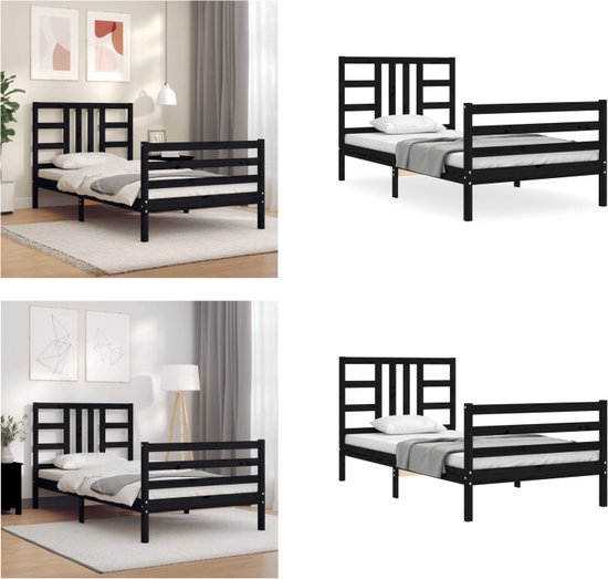 vidaXL Cadre de lit avec tête de lit Bois massif Noir 100x200 cm - Cadre de lit - Encadrements de lit - Lit - Lit simple