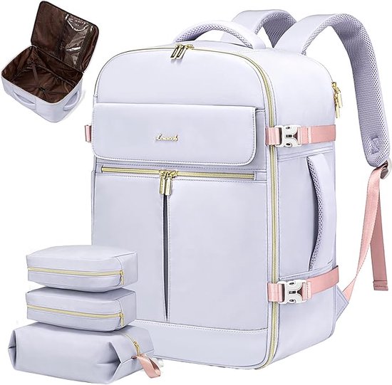Handbagage rugzak 4 stuks - 17.3 inch laptoptas - Grijs/lila - Reistas - 4-delige set - Waterdicht - 47 x 31 x 20 cm - Reisrugzak - 40 L - Backpacken, reizen, vakantie rugtas - Lichtgrijs/roze