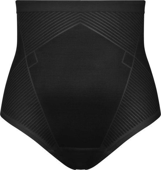 Culotte gainante noire taille haute avec des lignes stratégiques et visuellement attrayantes.