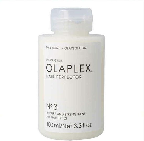 Witte fles Olaplex Hair Perfector No.3 met fliptopdop. Tekst op de fles: 'TAKE HOME OLAPLEX.COM THE ORIGINAL OLAPLEX HAIR PERFECTOR N°.3 REPAIRS AND STRENGTHENS ALL HAIR TYPES'.